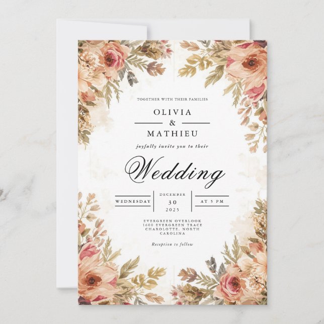 Invitation Rose vintage Mariage botanique (Devant)