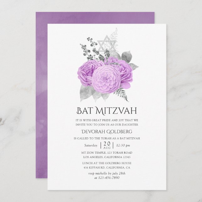 Invitation Rose Vintage Pastel Purple et Silver (Devant / Derrière)