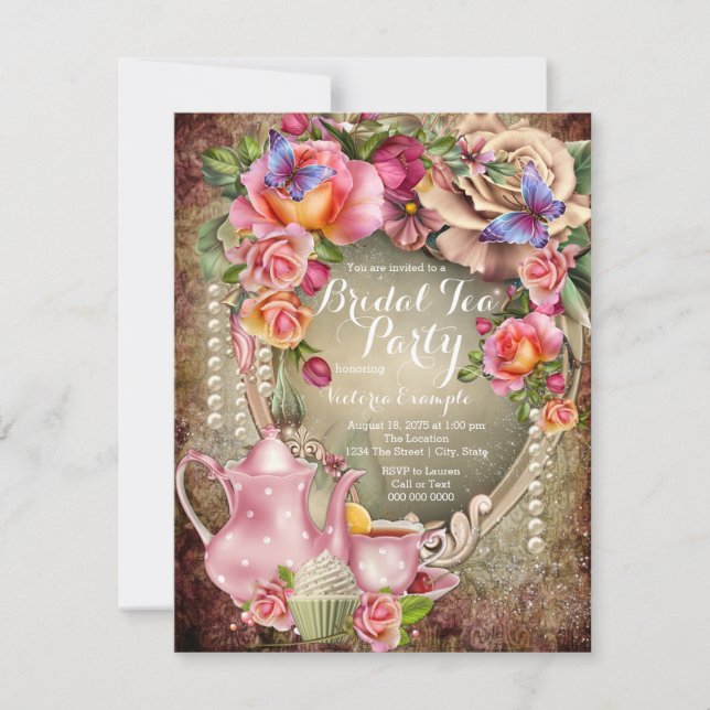 Invitation Rose vintage Pearl Bridal Tea Party (Devant)
