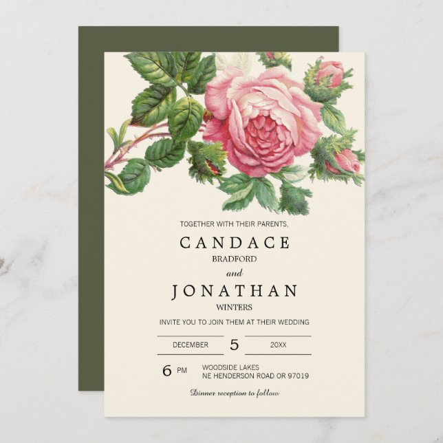 Invitation Rose Vintage peint Mariage Boho (Devant / Derrière)