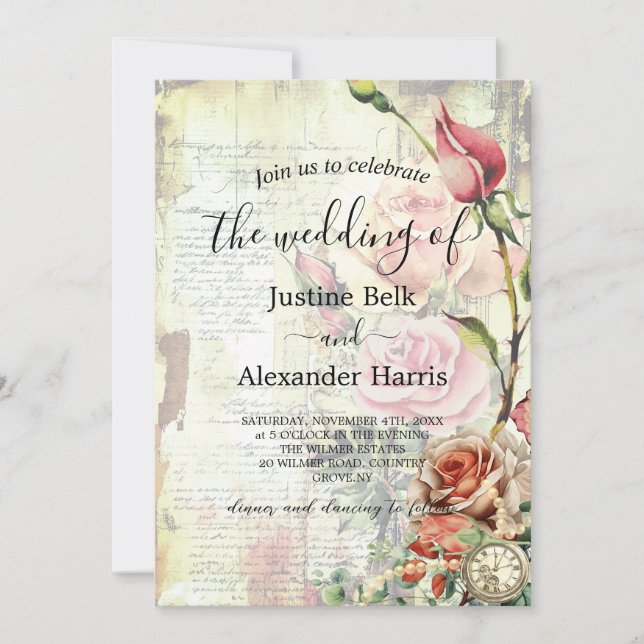 Invitation Rose vintage Photo Code QR Mariage (Devant)