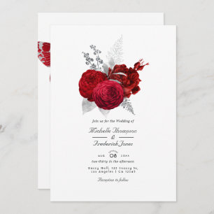 Invitation Rose Vintage rouge et argenté Code QR Mariage RSVP