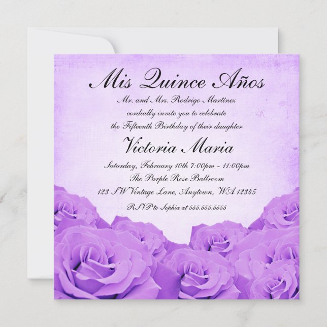 Invitation Rose vintage violet Quinceanera fête d'anniversair (Devant)