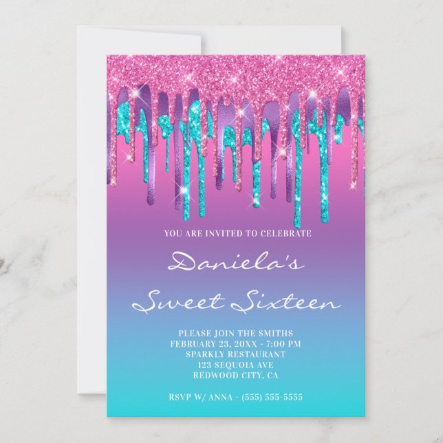 Invitation Rose Violet Aqua Sarcelle Dégradé Goutte Douze Ans (Devant)