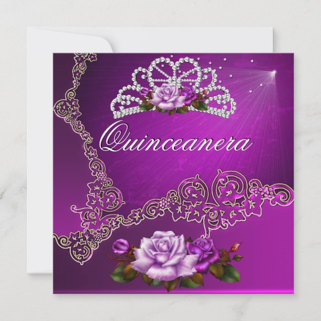 Invitation Rose Violet Argent Quinceanera 15 ans (Devant)