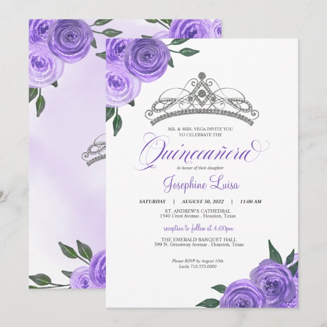 Invitation Rose violet argent Tiara Quinceañera Anniversaire  (Devant / Derrière)