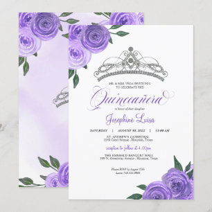 Invitation Rose violet argent Tiara Quinceañera Anniversaire 