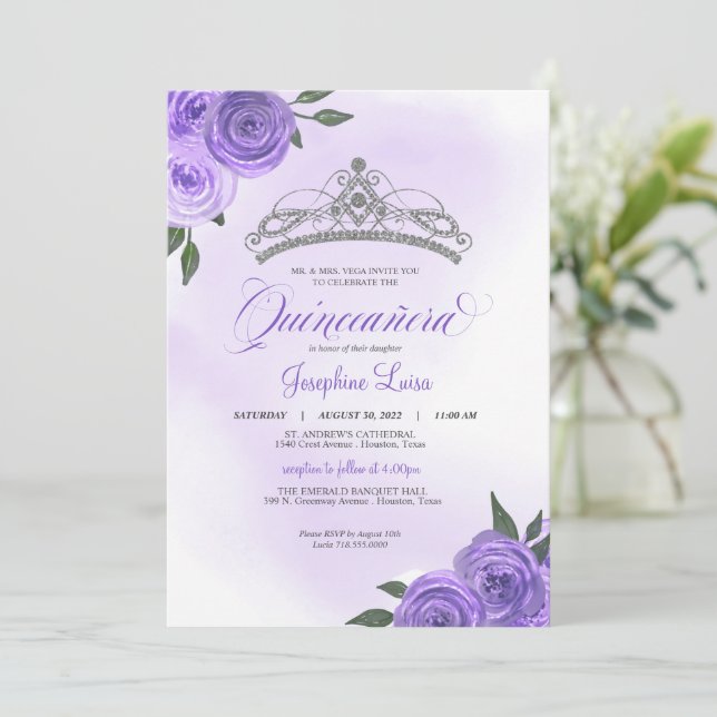 Invitation Rose violet Argent Tiara Quinceañera Anniversaire (Debout devant)