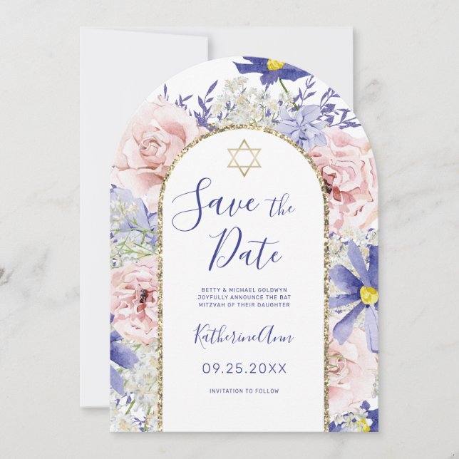 Invitation Rose violet Bat mitzvah or floral Enregistrer la d (Devant)