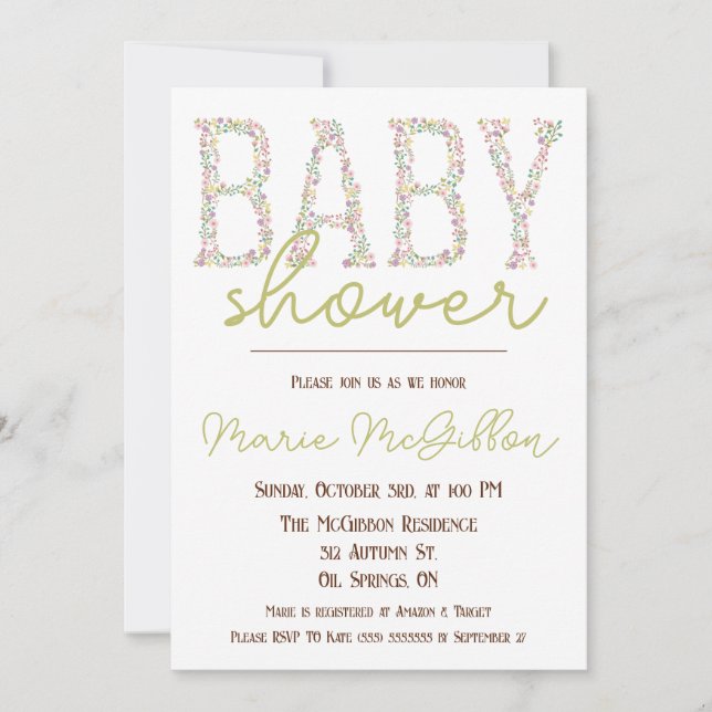 Invitation Rose, Violet, Bleu, Baby shower Floral (Devant)