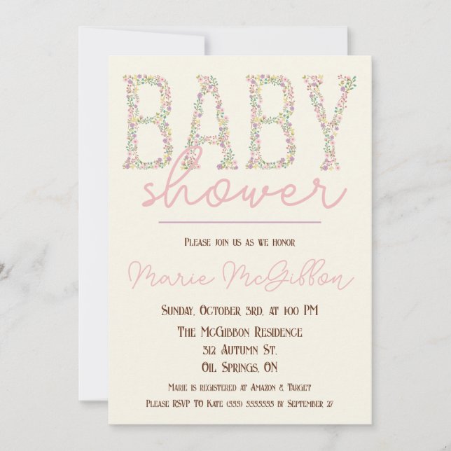 Invitation Rose, Violet, Bleu, Baby shower Floral (Devant)