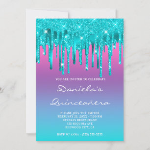 Invitation Rose Violet Bleu Dégradé Turquoise Goutte Quinceañ