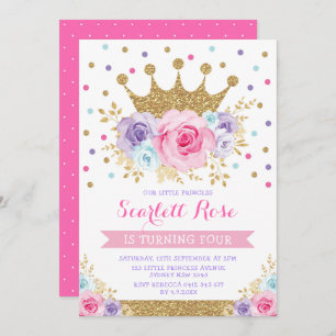Invitation Rose violet bleu Floral Couronne Princesse Anniver