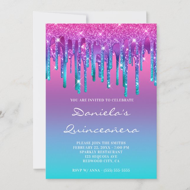 Invitation Rose violet bleu Turquoise goutte Gradient Quincea (Devant)