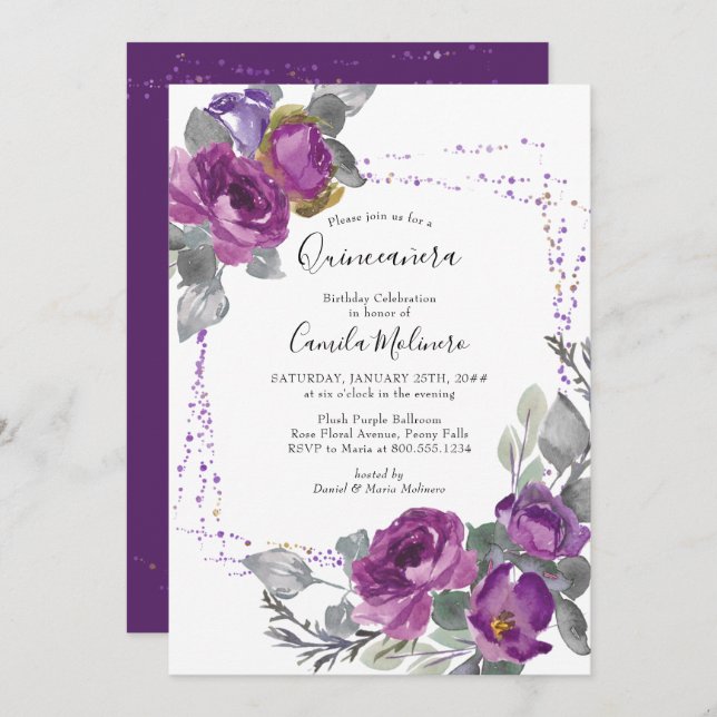 Invitation Rose violet Confetti Frame Floral Quinceanera (Devant / Derrière)