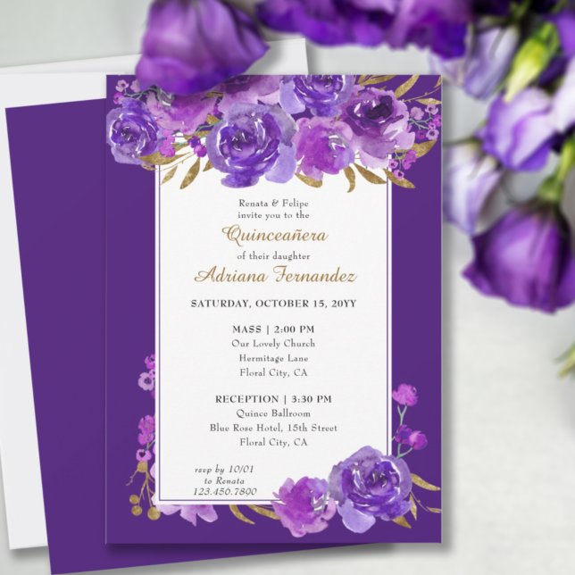 Invitation Rose violet Elegant feuille or Quinceanera et mass (Créateur téléchargé)
