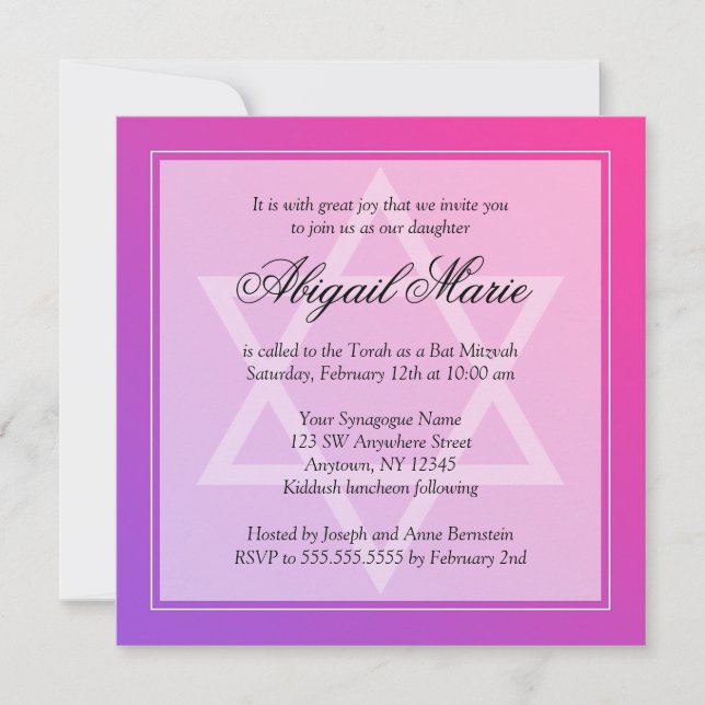 Invitation Rose violet étoile de David Carré Bat mitzvah (Devant)