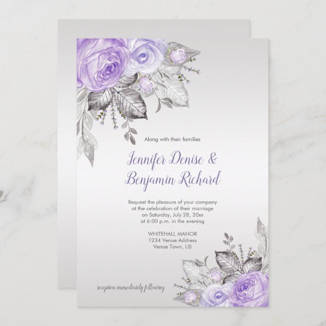 Invitation Rose violet Feuilles d'argent - Argent - Mariage | (Devant / Derrière)
