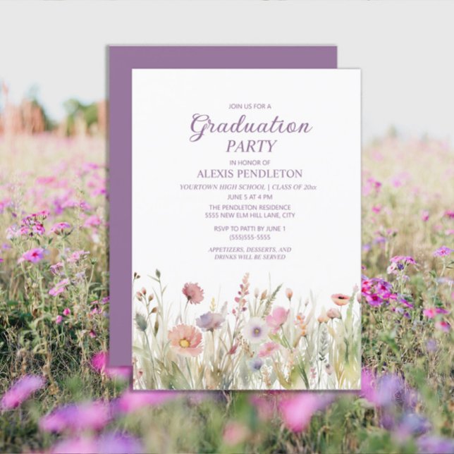 Invitation Rose violet Fleur sauvage diplôme de l'école secon (Wildflowers purple graduation party invitations)