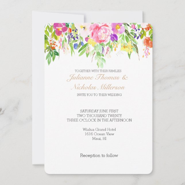 Invitation Rose violet Floral Aquarelle or Mariage étincelle (Devant)