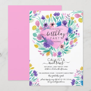 Invitation Rose violet Jaune Fleur du Coeur Feuilles Annivers