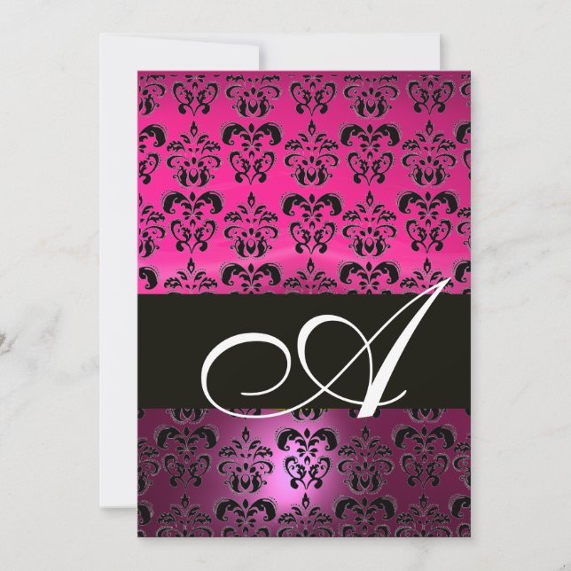 Invitation ROSE VIOLET NOIR  DAMAS MONOGRAMME, fuchsia blanc (Devant)