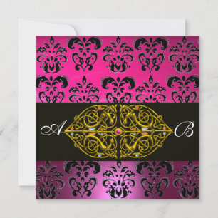 Invitation ROSE VIOLET NOIR  DAMAS MONOGRAMME ,fuchsia,or