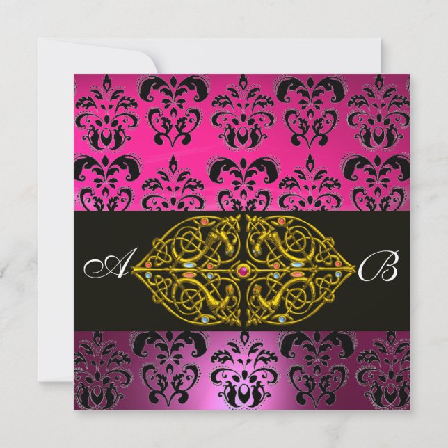 Invitation ROSE VIOLET NOIR  DAMAS MONOGRAMME ,fuchsia,or (Devant)