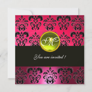 Invitation ROSE VIOLET NOIR DAMAS MONOGRAMME, topaze jaune