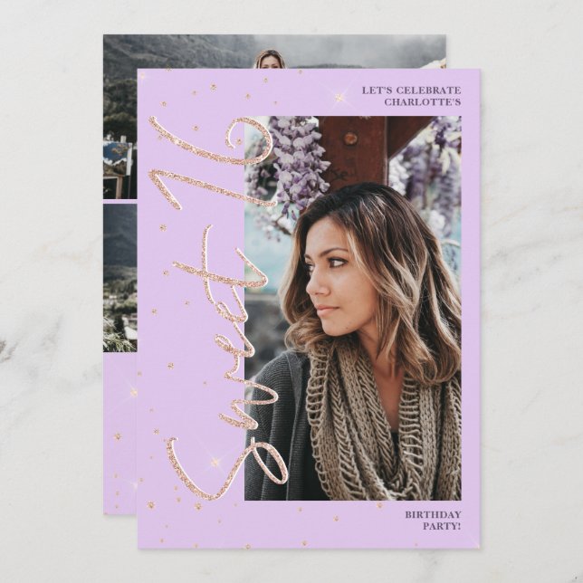 Invitation Rose violet or parties scintillant script 4 photos (Devant / Derrière)