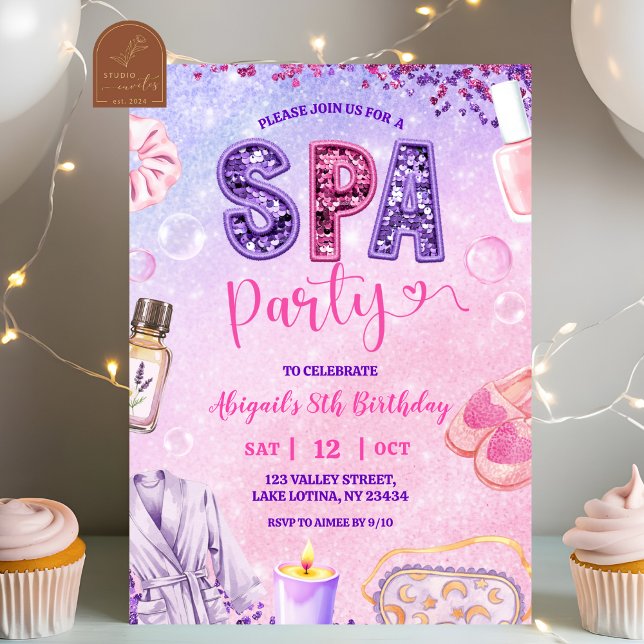 Invitation Rose violet paillettes fête SPA anniversaire (Créateur téléchargé)