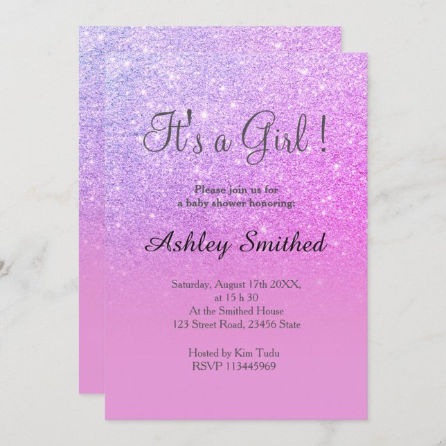 Invitation Rose violet parties scintillant rose ombre fille b (Devant / Derrière)