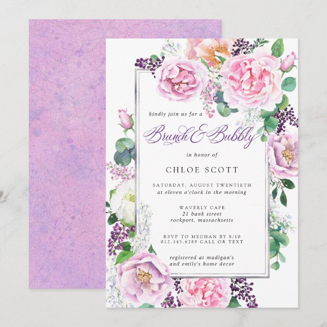 Invitation Rose violet Rose Floral Brival Brunch Bubbly (Devant / Derrière)