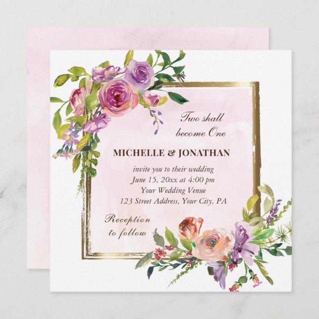 Invitation Rose violet Rose Gold Frame Christian Mariage (Devant / Derrière)