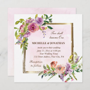 Invitation Rose violet Rose Gold Frame Christian Mariage
