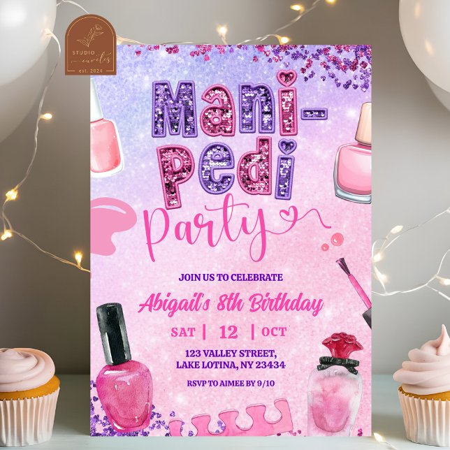 Invitation Rose Violet sequin MANI PEDI Fête anniversaire  (Créateur téléchargé)