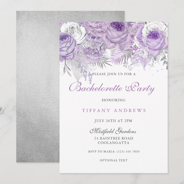 Invitation Rose violet Silver Wonderland Bachelorette Party (Devant / Derrière)