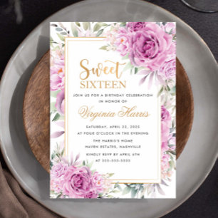 Invitation Rose violet Sweet sixteen floral 16 Anniversaire