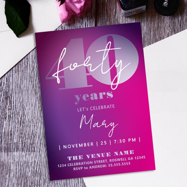 Invitation Rose Violet tendance 40e Anniversaire Typographie  (Créateur téléchargé)