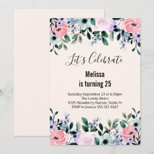 Invitation Rose violet vert Aquarelle Florale Anniversaire