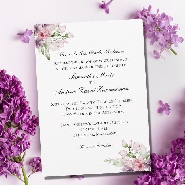 Invitation Rose Violet Vert Floral Élégant Formel Mariage  (Créateur téléchargé)
