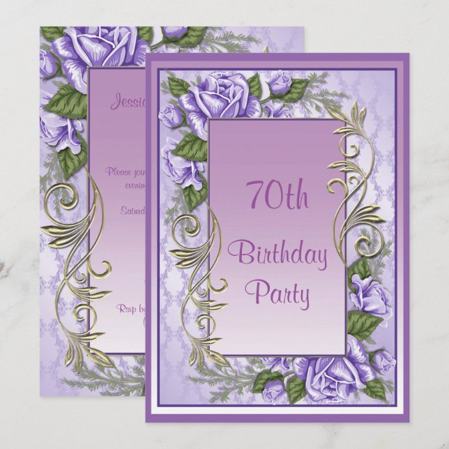 Invitation Rose Violette Élégante Cadre 70e Anniversaire (Devant / Derrière)