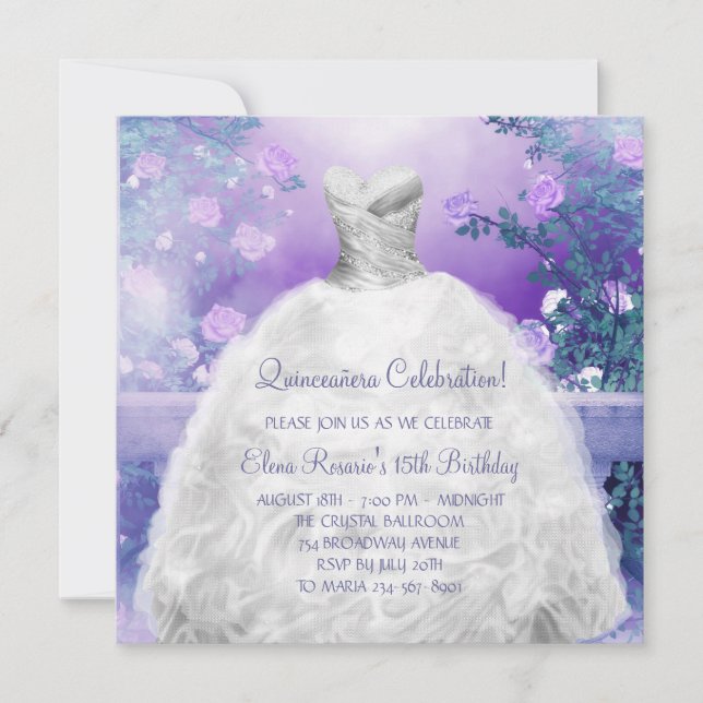 Invitation Rose Violette Lavande Violette Quinceanera (Devant)