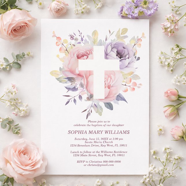 Invitation Rose violette rose et fille à croix blanche Baptêm (Créateur téléchargé)