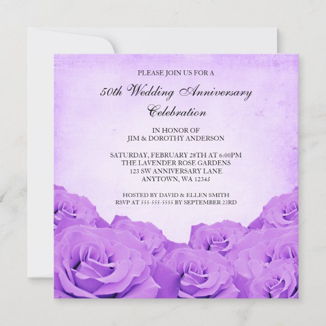 Invitation Rose Violette Vintage 50ème Anniversaire de Mariag (Devant)