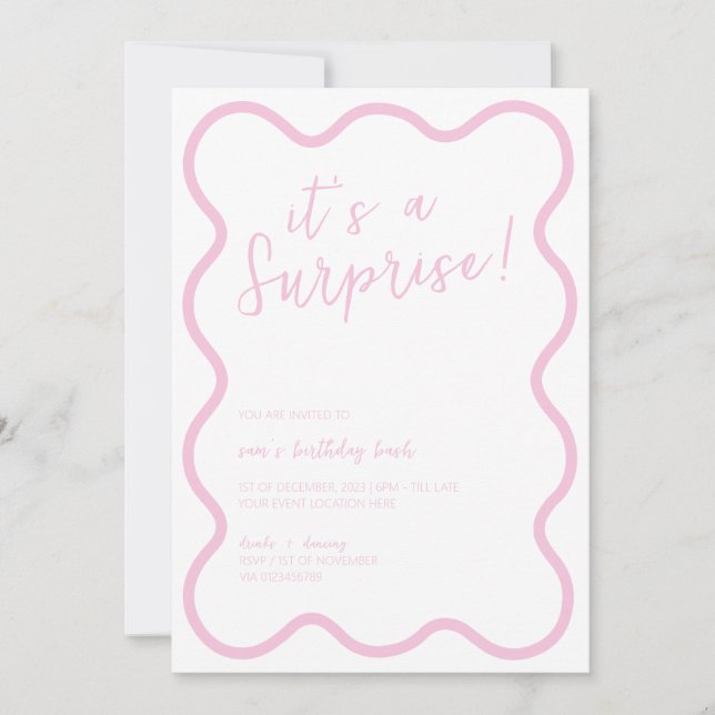 Invitation Rose Wavy Bold Moderne Surprise fête d'anniversair (Devant)