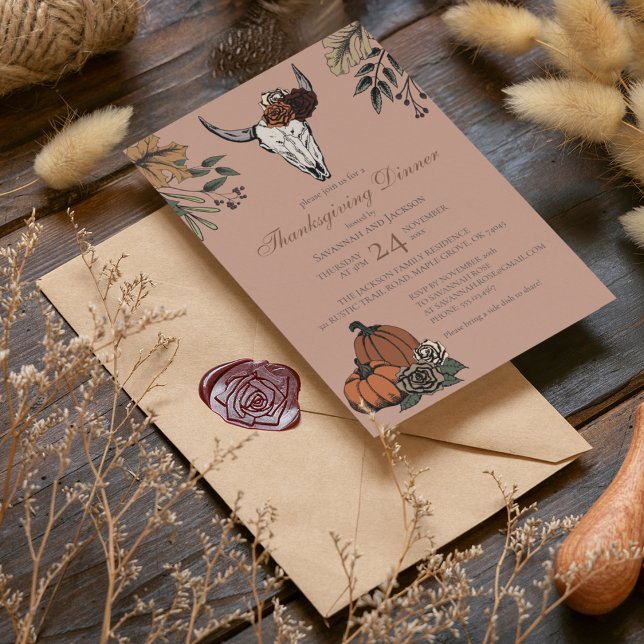Invitation Rose Western Thanksgiving Cow Skull Fall Harvest (Thanksgiving Cow Skull Vintage Rose Invitation. Hand-Drawn Cow Skull & Horns, Roses & Fall Pumpkins.)