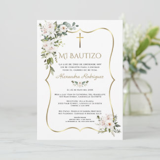 Invitation Rose White Lily Bautizo avec Fleurs Or Baptême
