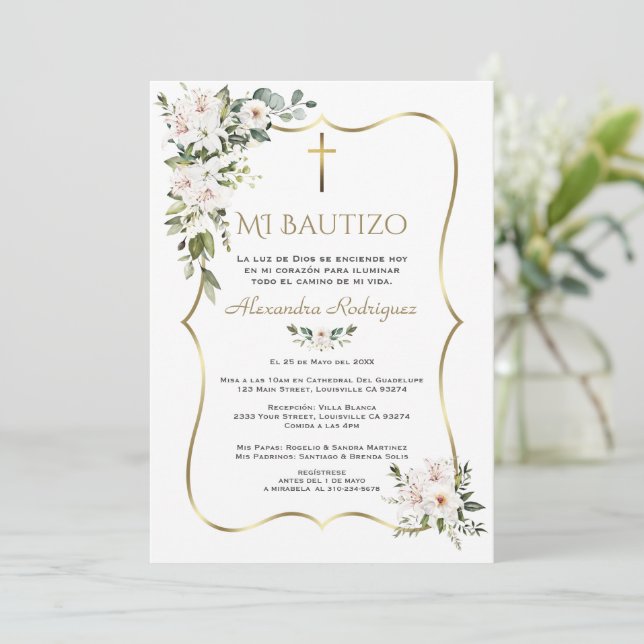 Invitation Rose White Lily Bautizo avec Fleurs Or Baptême  (Debout devant)