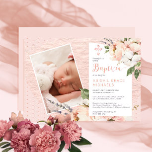 Invitation Rose   White Peony Blooms Girl Baby Photo Baptism